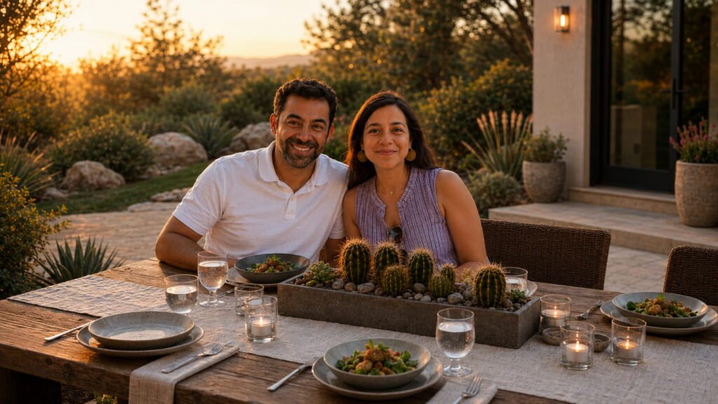 Chef Roger Martins and Isabella seated at an outdoor dining table at sunset